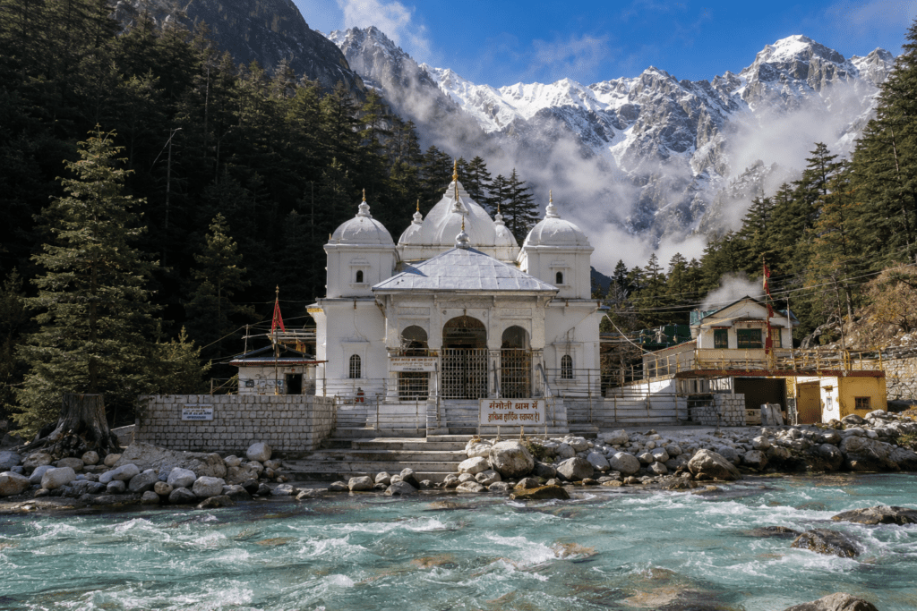 Gangotri Temple morning time with river flowing and with himalayas mountain backdrop- Char Dham yatra 2026 travel guide