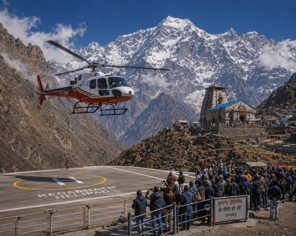 A helicopter approaching the Kedarnath helipad - Char Dham yatra 2026 travel guide 