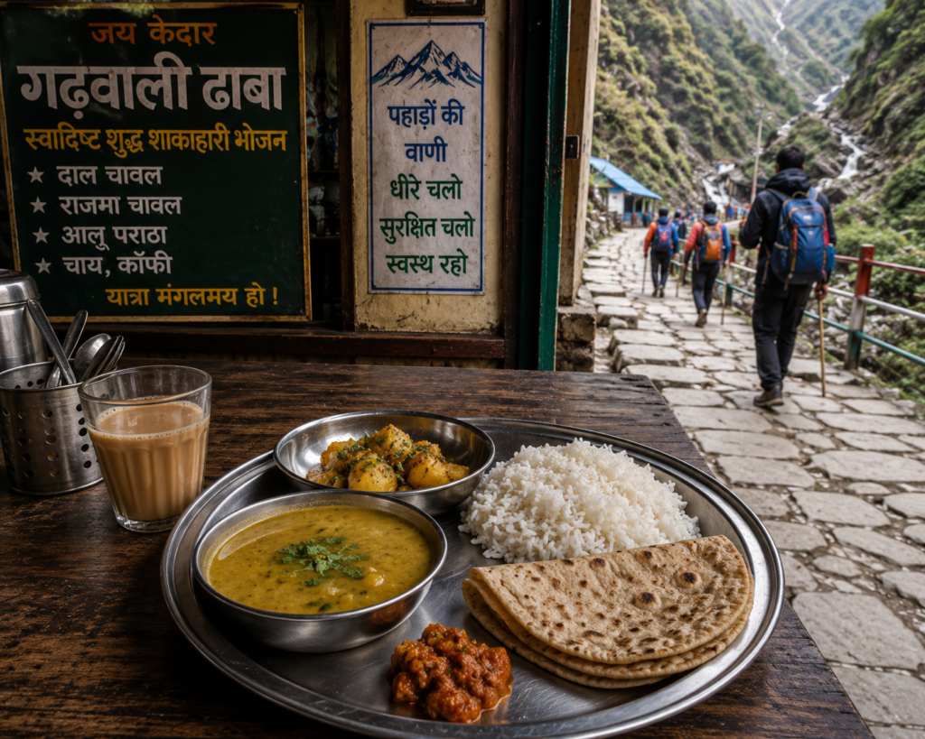 A simple Garhwali thali served at a dhaba on the Kedarnath route — Char Dham yatra 2026 travel guide 
