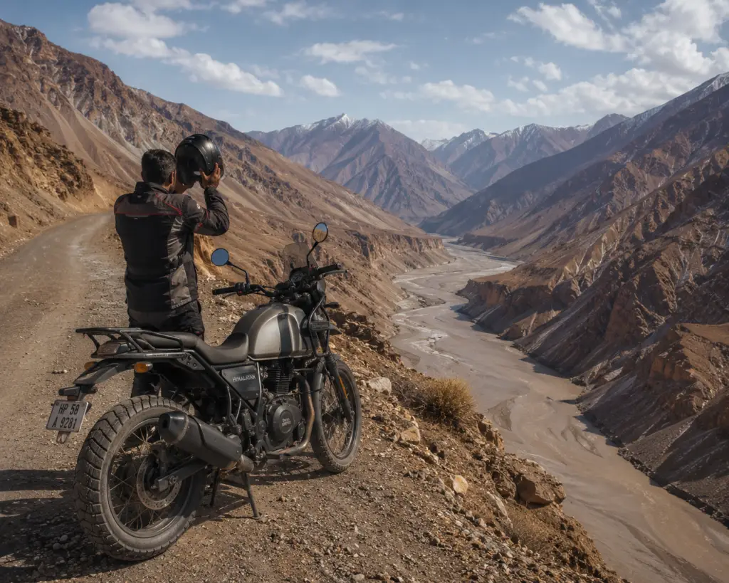 A Royal Enfield Himalayan 450 parked on a Spiti Valley cliff road, Budget Travel Guide 2026 for Foreigners