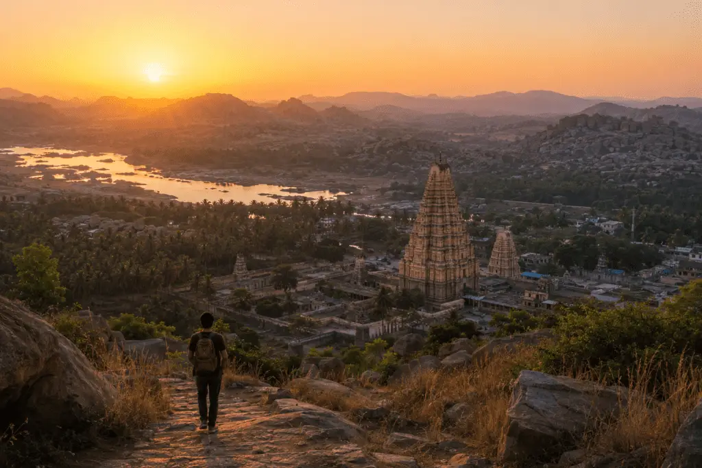 Hampi's Virupaksha Temple at sunrise from Matanga Hill —Budget Travel Guide 2026 for Foreigners