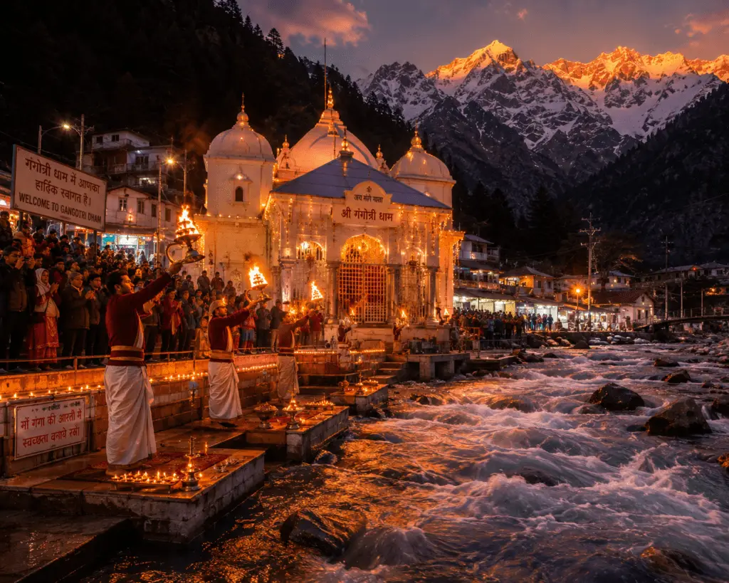 Gangotri temple morning time aarti at the river banks- Char Dham yatra 2026 travel guide