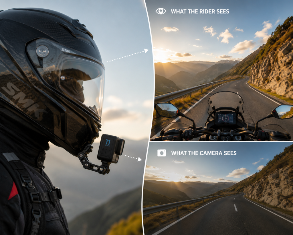 helmet with a GoPro mounted on the chin bar - Moto Vlogging guide 2026