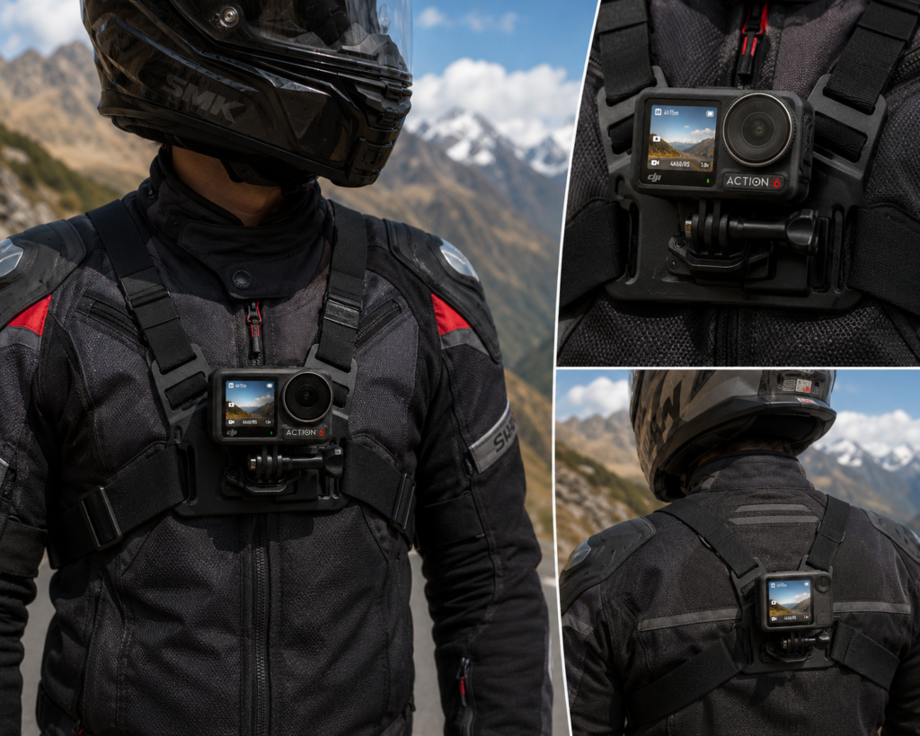 A rider with chest mount visible — DJI Osmo Action 6 on the GoPro chest harness - Moto Vlogging guide 2026