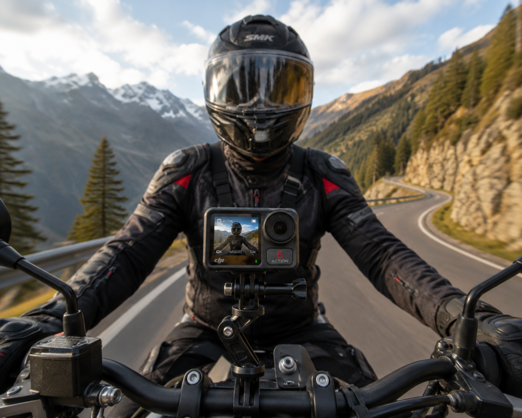 Handlebar mount perspective — camera on handlebar arm facing back at rider - Moto Vlogging guide 2026