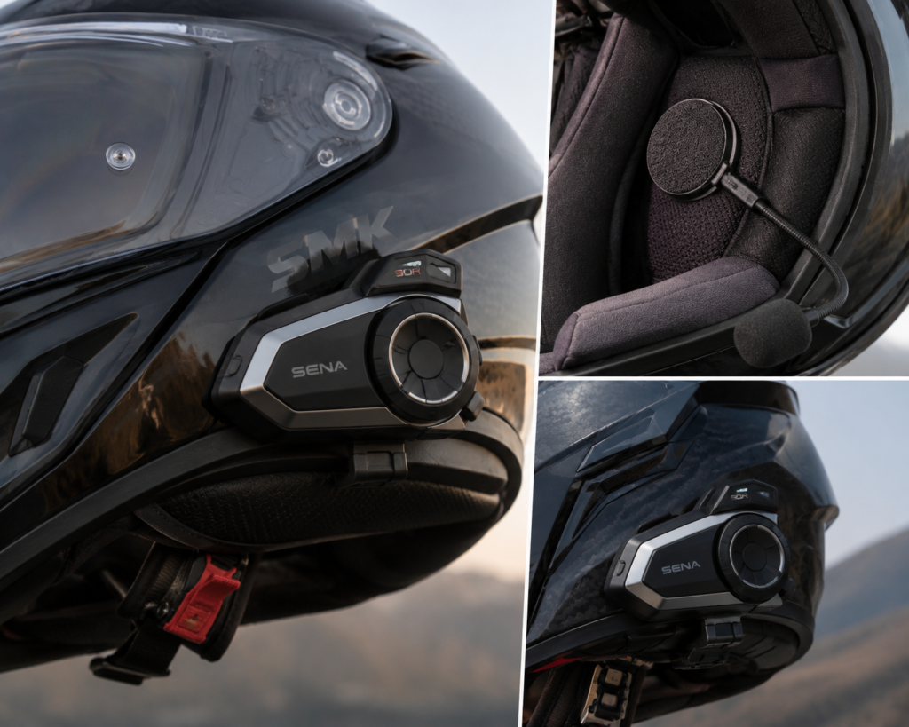 Sena 50R mounted on a full-face helmet- Moto Vlogging guide 2026