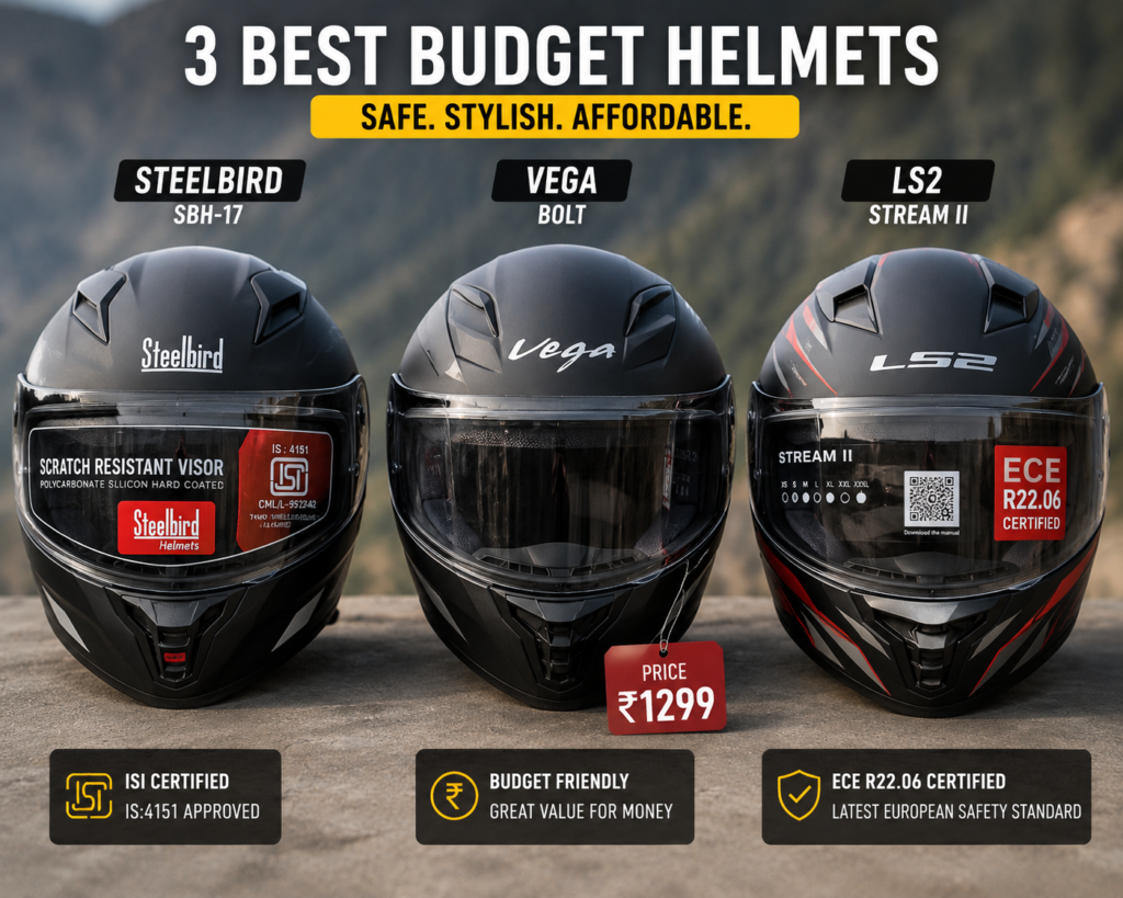 Three budget helmets side by side — Steelbird, Vega, LS2- Moto Vlogging guide 2026