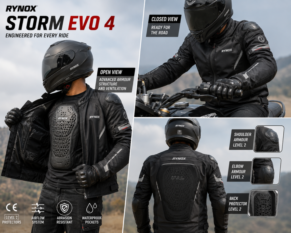 A rider wearing the Rynox Storm Evo 4 jacket- Moto Vlogging guide 2026