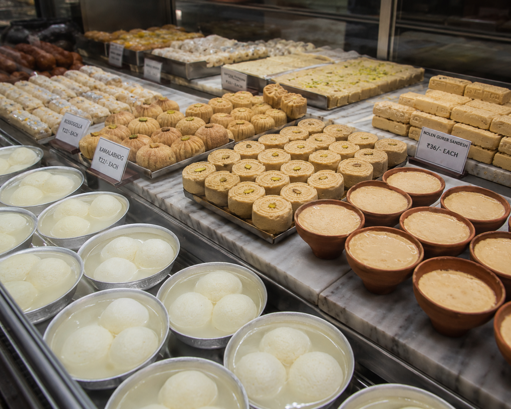 Bengali sweets in a Kolkata mithai shop - India Food guide 2026 - all the cities popular street food, fine dinning meals, food tours,drinks & desserts