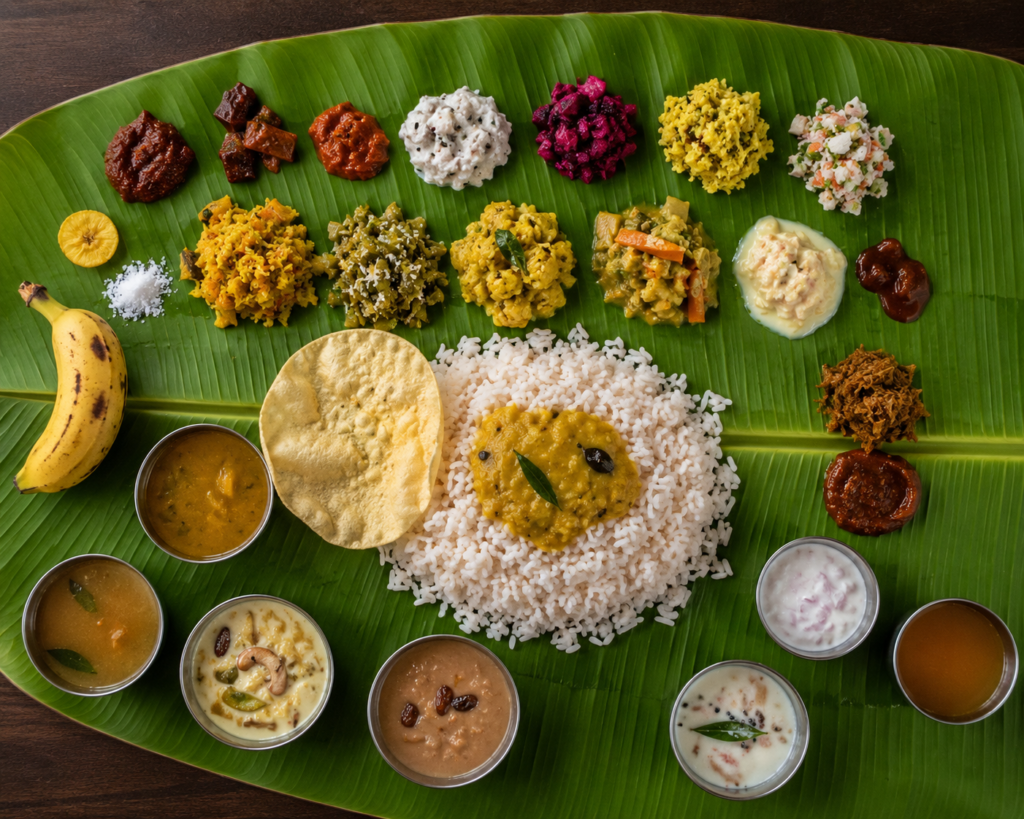 A traditional Kerala Sadya on a fresh banana leaf - India Food guide 2026 - all the cities popular street food, fine dinning meals, food tours,drinks & desserts