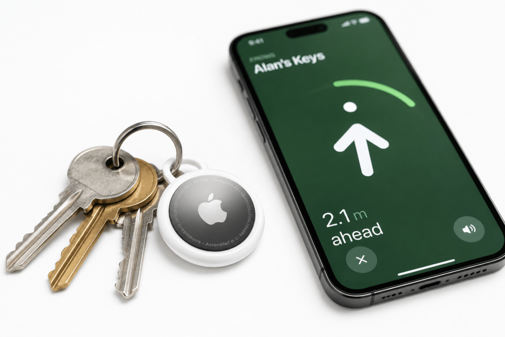 Apple AirTag attached to a set of keys - Trending electronic gadgets 2026