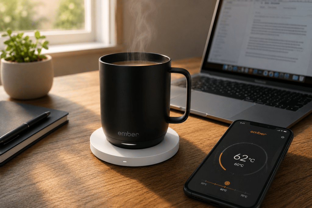 Ember Mug 2 on its white charging coaster - Trending electronic gadgets 2026