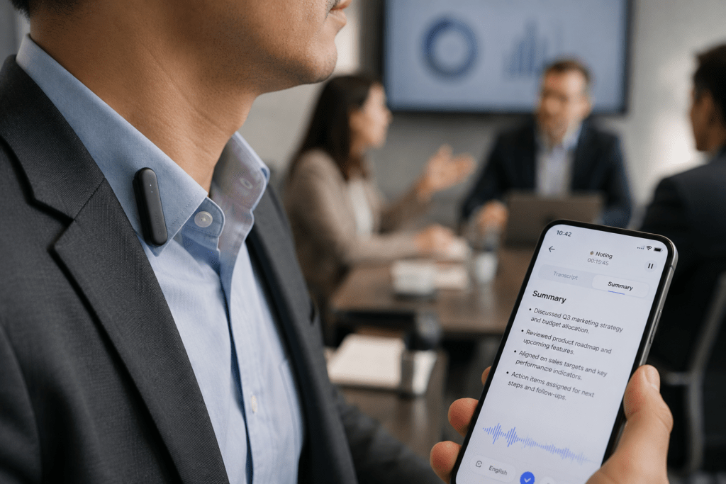 Plaud NotePin clipped to a shirt collar in a business meeting - Trending electronic gadgets 2026