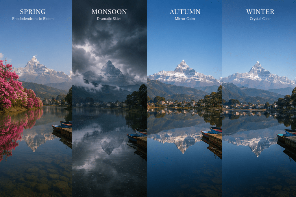 A side-by-side of Phewa Lake in Pokhara across all four seasons - Complete Nepal Travel Guide 2026