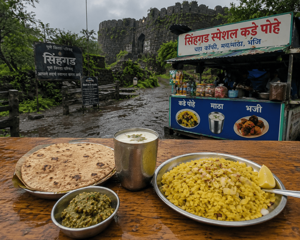 Sinhagad fort base food — a wooden table with jowar bhakri, a bowl of thecha, a steel tumbler of mattha, and kande pohe on a stainless steel plate - Maharashtra Fort Trek Guide 2026