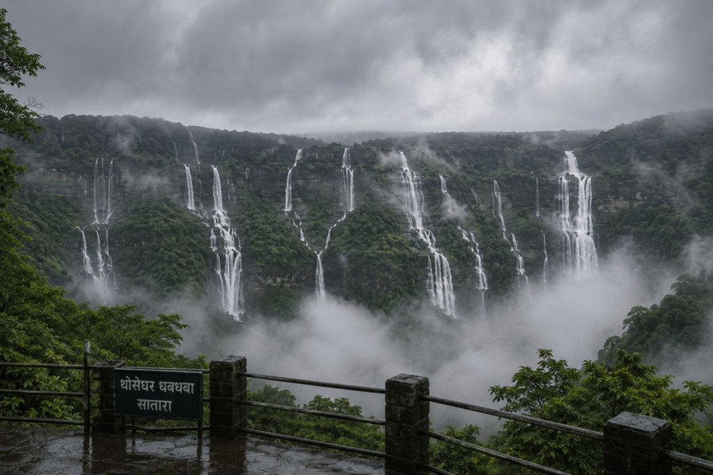 Thoseghar waterfalls from the viewpoint - Maharashtra Monsoon waterfalls guide 2026