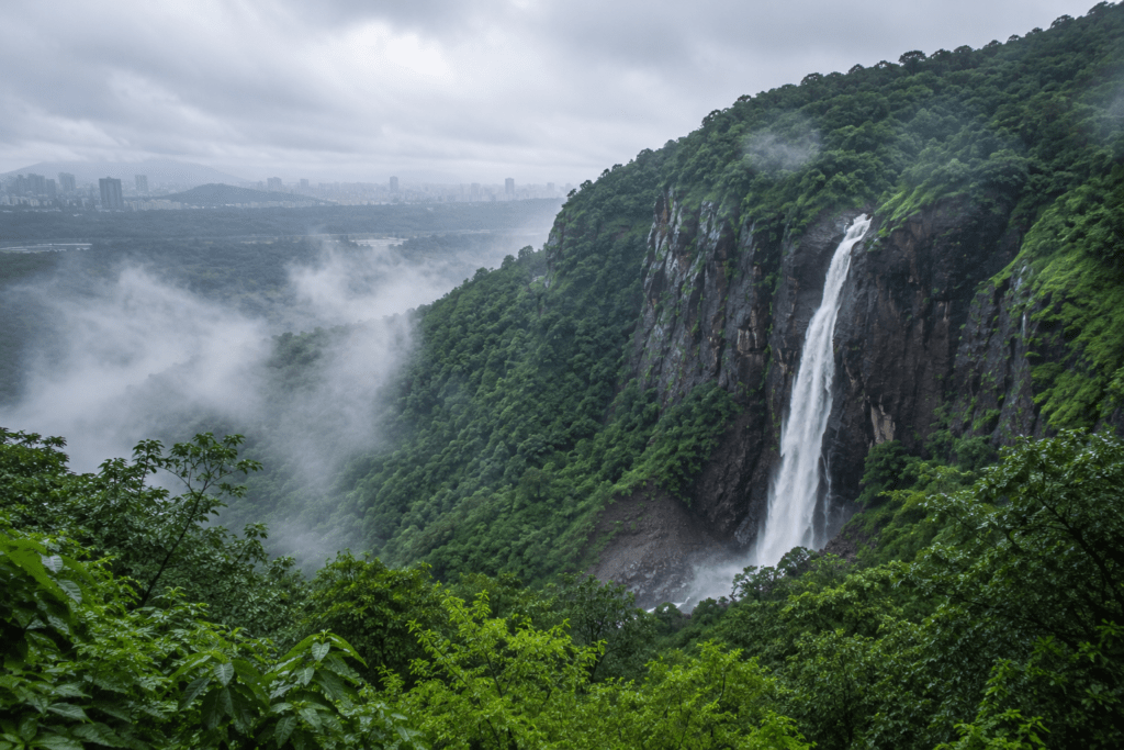 Pandavkada waterfall from the viewing distance — the 107-metre drop clearly visible - Maharashtra Monsoon waterfalls guide 2026