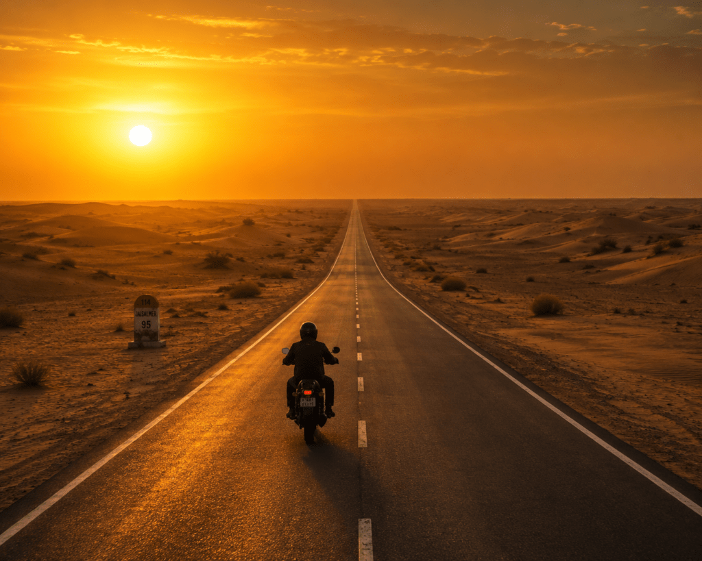 The Jaisalmer highway at sunset- Indias Greatest Roads to ride travel guide 2026