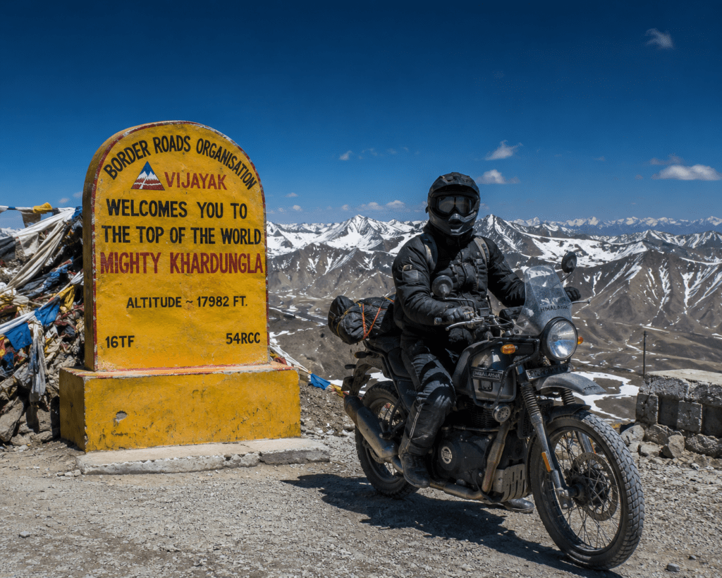 Khardung La top — a Royal Enfield Himalayan at the 5,359m- Indias Greatest Roads to ride travel guide 2026
