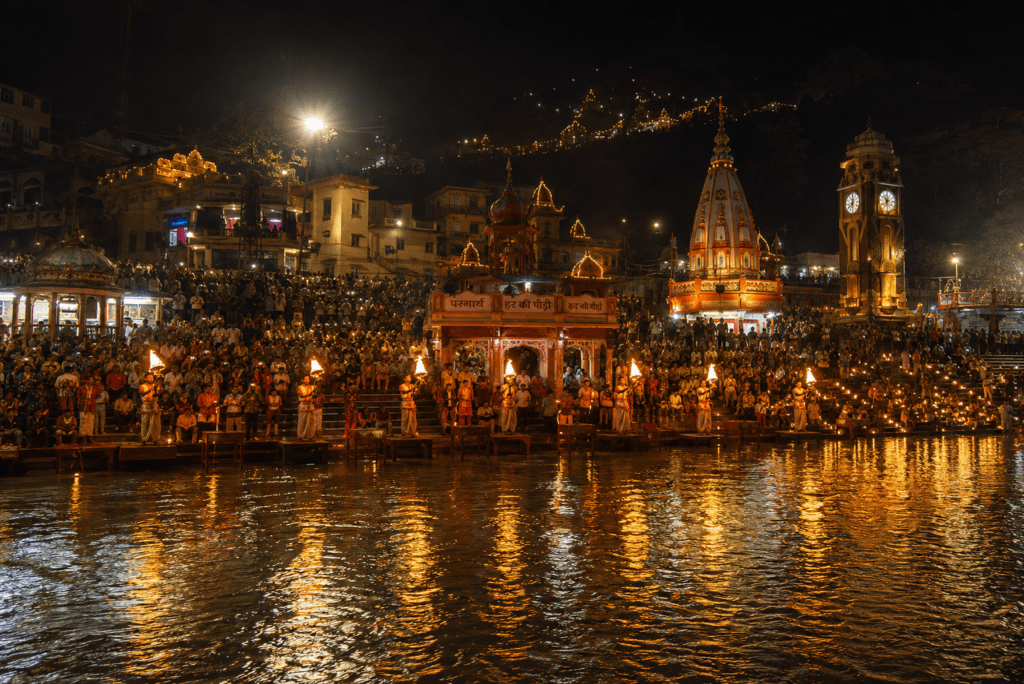 Har Ki Pauri evening aarti from across the Ganga- Indias Greatest Roads to ride travel guide 2026