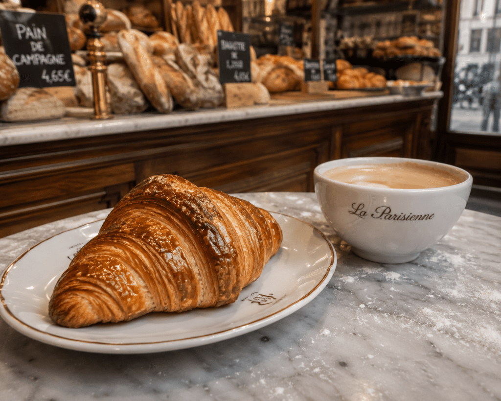 A fresh croissant on a marble table in a Paris boulangerie - Before You Die: A Complete World Food Bucket List 