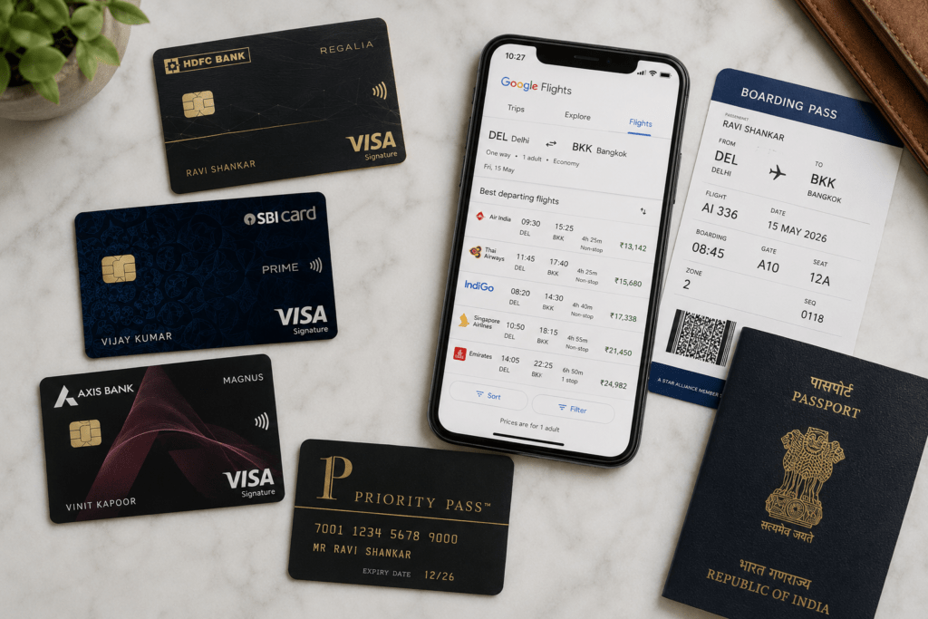 A flat lay of Indian travel credit cards — HDFC Regalia, SBI Prime, Axis Magnus — alongside a smartphone showing Google Flights comparison and a boarding pass. The Priority Pass lounge access card visible. Complete Flight Booking Guide India 2026
