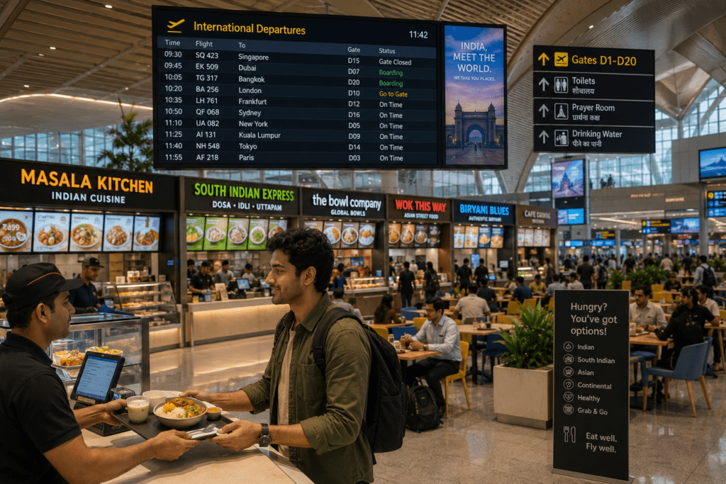 Airport food after security at a modern Indian terminal - Complete Flight Booking Guide India 2026