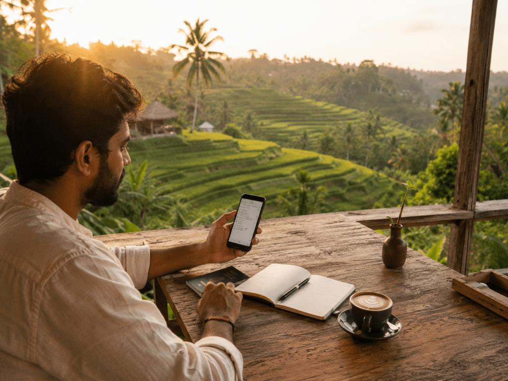Indian traveller checking Bali trip budget on phone with rice terraces in background