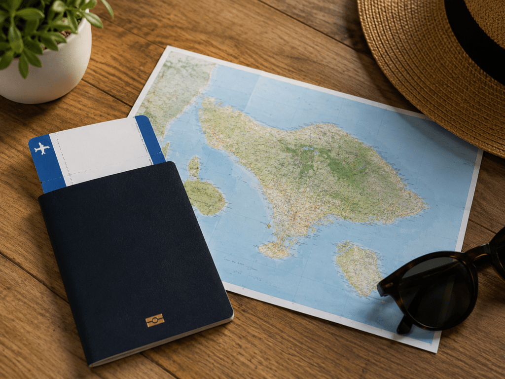 Boarding pass and passport for a Bali flight from India