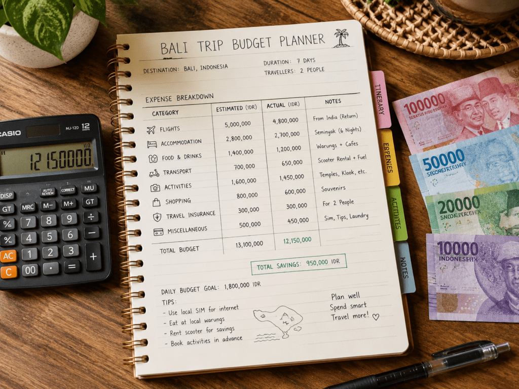 Handwritten Bali trip budget planner with Indonesian currency
