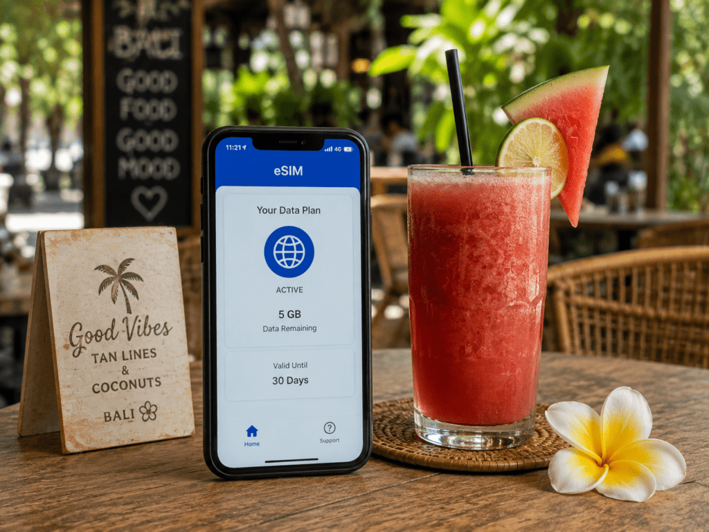 Phone with eSIM data plan for travelling in Bali