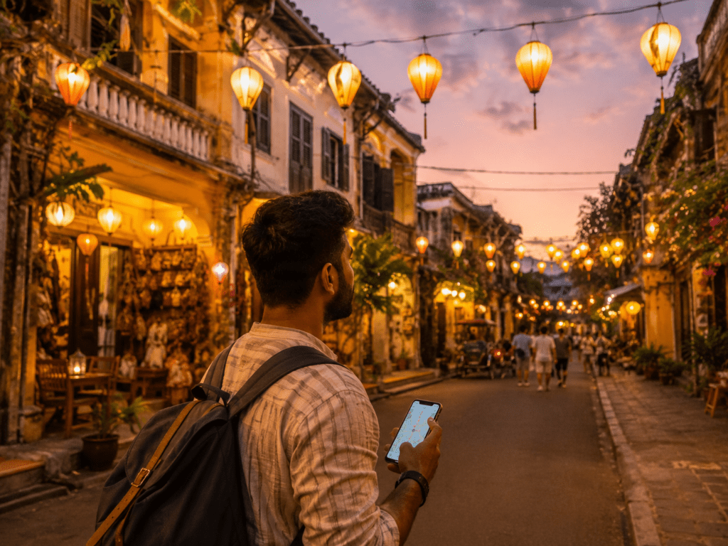 Indian traveller exploring Hoi An ancient town with lanterns in Vietnam