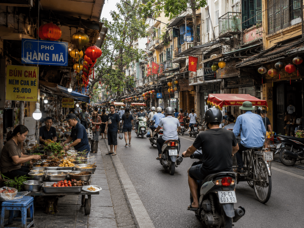 Hanoi Old Quarter street with motorbikes and food stalls