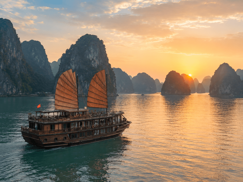 Traditional junk boat cruising Ha Long Bay at sunrise