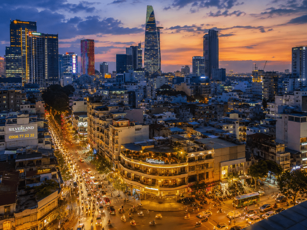 Ho Chi Minh City skyline at dusk from a rooftop