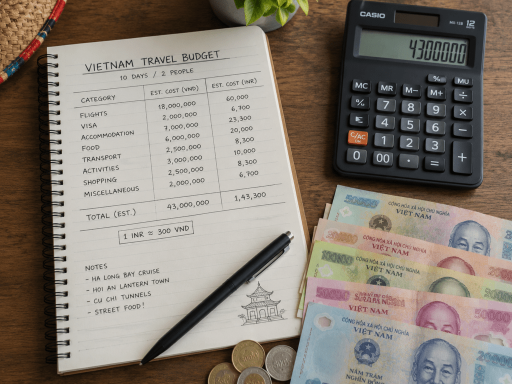 Handwritten Vietnam trip budget planner with Vietnamese Dong