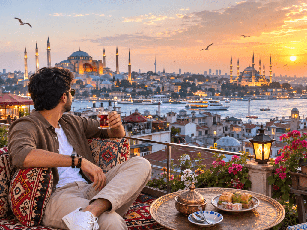 Indian traveller on a rooftop terrace overlooking Hagia Sophia and Blue Mosque in Istanbul Title attribute: Istanbul Travel Guide for Indians — Cost, Flights, Hotels & Itinerary