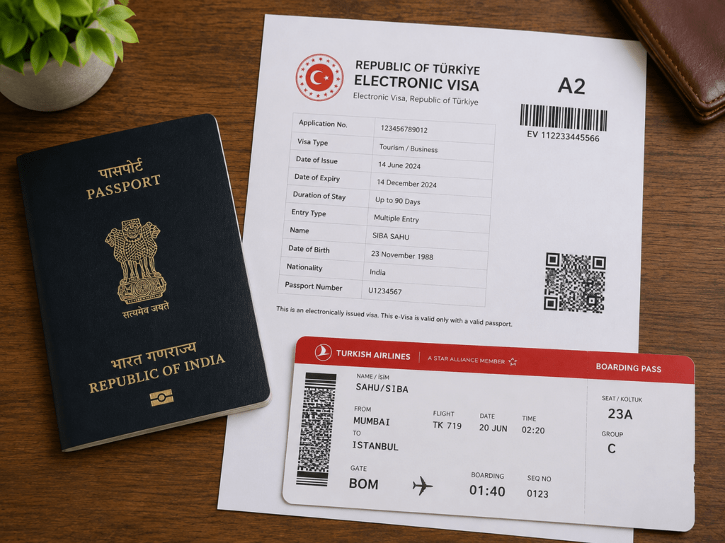 Indian passport with Turkey visa approval document and boarding pass