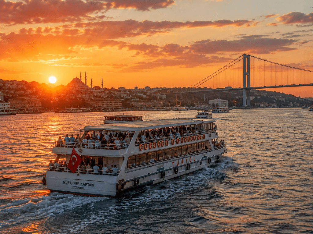 Boat cruising the Bosphorus strait at sunset in Istanbul
