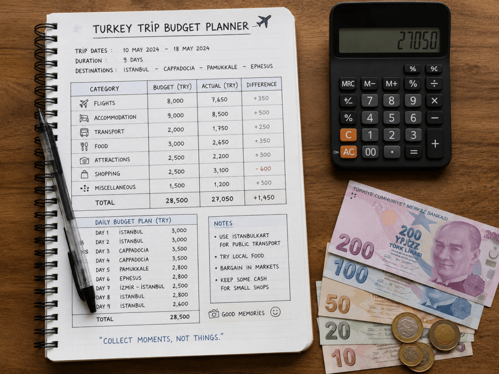 Handwritten Istanbul trip budget planner with Turkish Lira notes